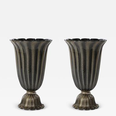 Art Deco Hand Blown Murano Fluted Black Glass Up Lights w 24kt Gold Flecks