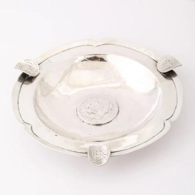 Art Deco Heavy Hand Hammered 900 Sterling Silver Ashtray with Sculptural Coins