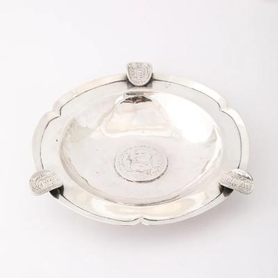 Art Deco Heavy Hand Hammered 900 Sterling Silver Ashtray with Sculptural Coins