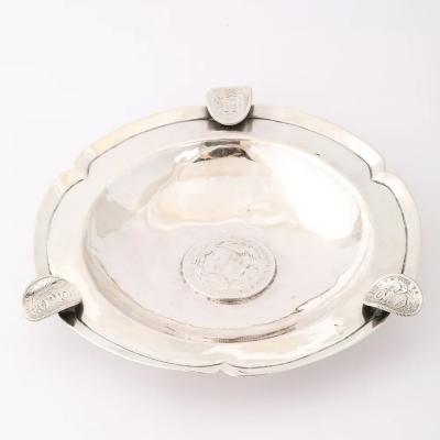 Art Deco Heavy Hand Hammered 900 Sterling Silver Ashtray with Sculptural Coins