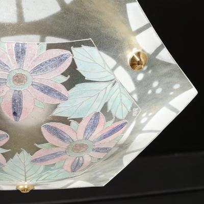 Art Deco Hexagonal Frosted Pressed Glass Pendant w Floral Details signed BHV