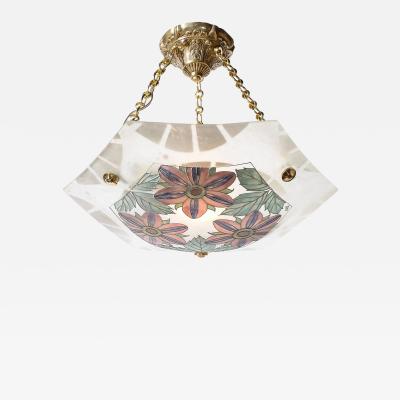 Art Deco Hexagonal Frosted Pressed Glass Pendant w Floral Details signed BHV