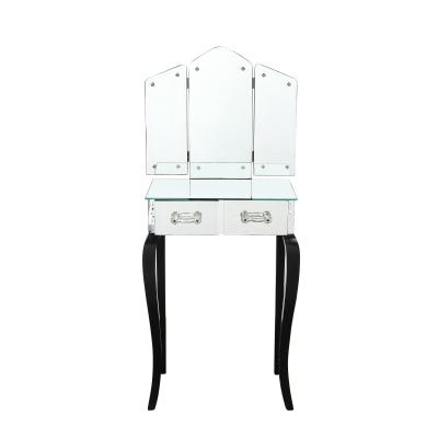 Art Deco Hollywood Mirrored Trifold Ebonized Cabriole Leg Vanity w Glass Pulls