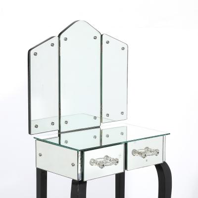 Art Deco Hollywood Mirrored Trifold Ebonized Cabriole Leg Vanity w Glass Pulls