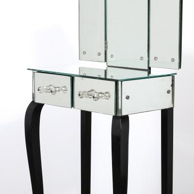 Art Deco Hollywood Mirrored Trifold Ebonized Cabriole Leg Vanity w Glass Pulls