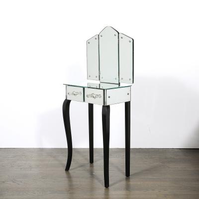 Art Deco Hollywood Mirrored Trifold Ebonized Cabriole Leg Vanity w Glass Pulls