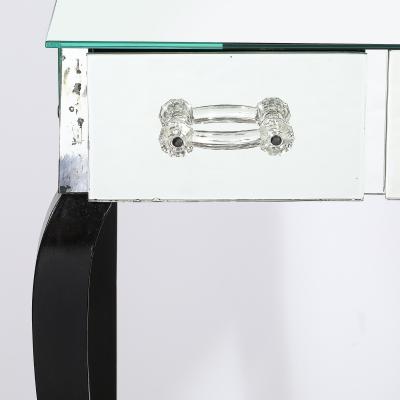Art Deco Hollywood Mirrored Trifold Ebonized Cabriole Leg Vanity w Glass Pulls