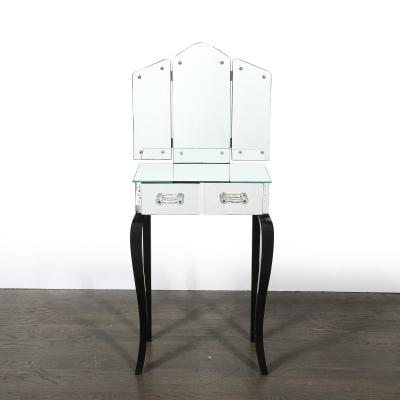Art Deco Hollywood Mirrored Trifold Ebonized Cabriole Leg Vanity w Glass Pulls