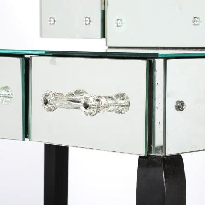 Art Deco Hollywood Mirrored Trifold Ebonized Cabriole Leg Vanity w Glass Pulls