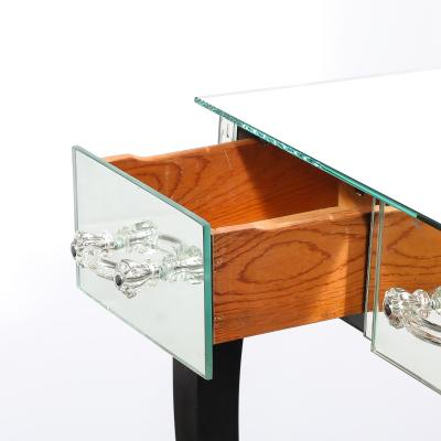 Art Deco Hollywood Mirrored Trifold Ebonized Cabriole Leg Vanity w Glass Pulls