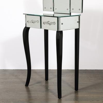 Art Deco Hollywood Mirrored Trifold Ebonized Cabriole Leg Vanity w Glass Pulls