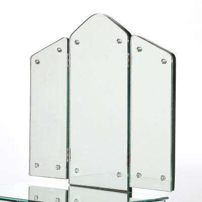 Art Deco Hollywood Mirrored Trifold Ebonized Cabriole Leg Vanity w Glass Pulls