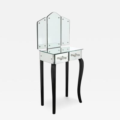 Art Deco Hollywood Mirrored Trifold Ebonized Cabriole Leg Vanity w Glass Pulls