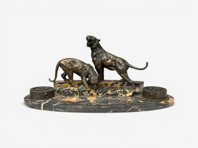 Art Deco Inkwell Desk Set Pen Holder Marble Bronze Panthers 1920s