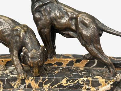 Art Deco Inkwell Desk Set Pen Holder Marble Bronze Panthers 1920s