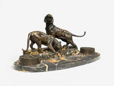 Art Deco Inkwell Desk Set Pen Holder Marble Bronze Panthers 1920s