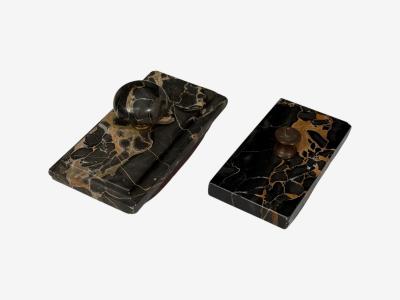 Art Deco Inkwell Desk Set Pen Holder Marble Bronze Panthers 1920s