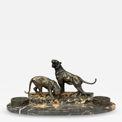 Art Deco Inkwell Desk Set Pen Holder Marble Bronze Panthers 1920s