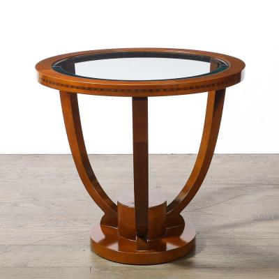 Art Deco Inset Glass Top Gueridon Table in Hand Rubbed Walnut w Inlayed Details