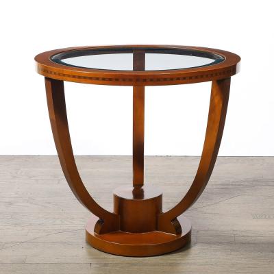 Art Deco Inset Glass Top Gueridon Table in Hand Rubbed Walnut w Inlayed Details
