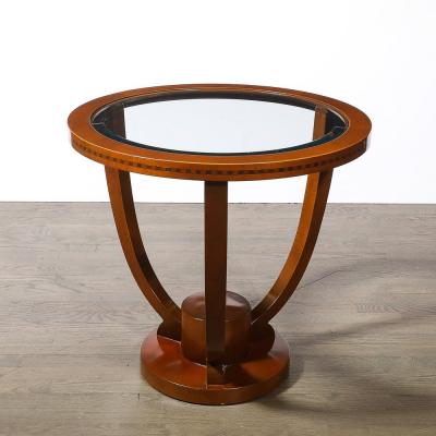 Art Deco Inset Glass Top Gueridon Table in Hand Rubbed Walnut w Inlayed Details