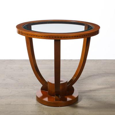 Art Deco Inset Glass Top Gueridon Table in Hand Rubbed Walnut w Inlayed Details