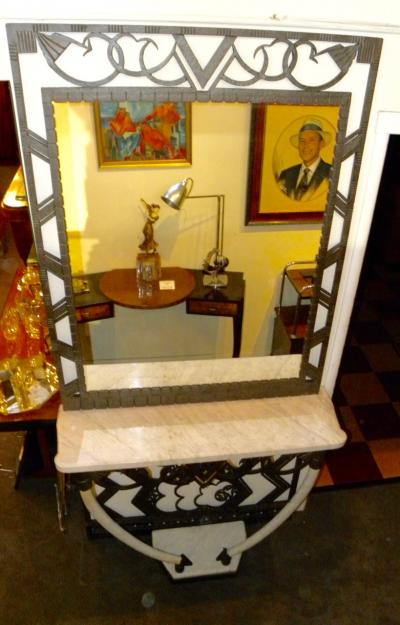 Art Deco Iron Console with Matching Mirror and Marble Tusks