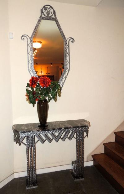 Art Deco Iron Marble Console With Matching Mirror