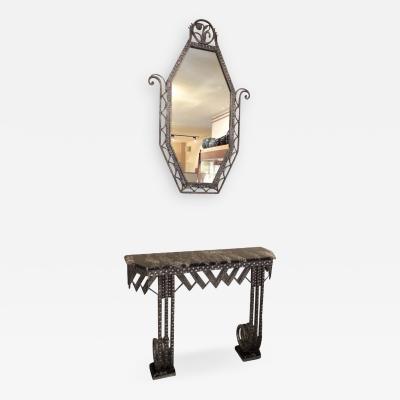 Art Deco Iron Marble Console With Matching Mirror