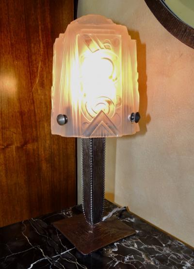 Art Deco Iron Table Lamp with Muller Style Glass Shade