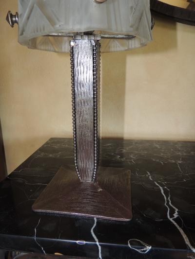 Art Deco Iron Table Lamp with Muller Style Glass Shade