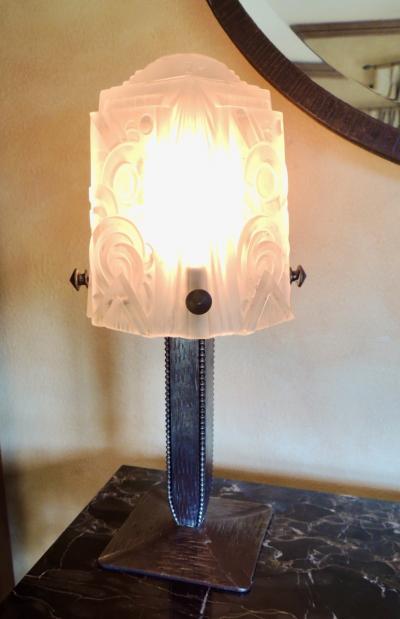 Art Deco Iron Table Lamp with Muller Style Glass Shade