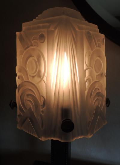 Art Deco Iron Table Lamp with Muller Style Glass Shade