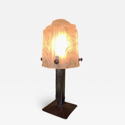 Art Deco Iron Table Lamp with Muller Style Glass Shade