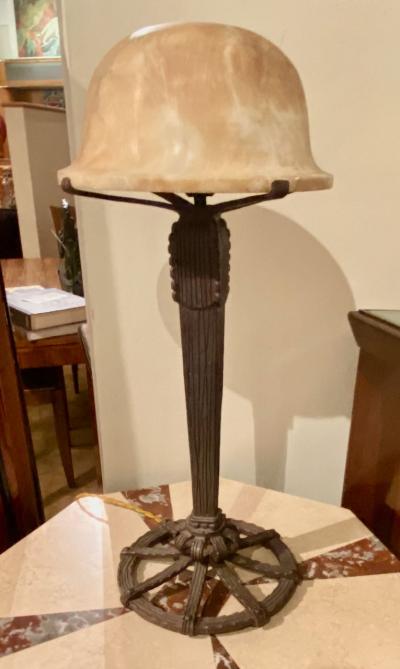Art Deco Iron and Alabaster Table Lamp Pair