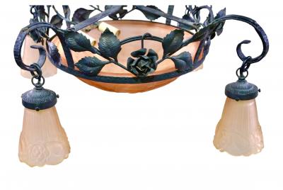 Art Deco Iron and Glass Chandelier Attributed to Mueller Freres