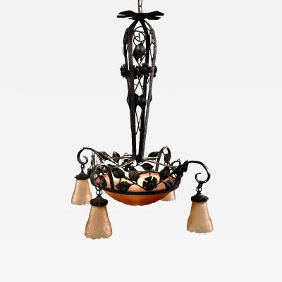 Art Deco Iron and Glass Chandelier Attributed to Mueller Freres
