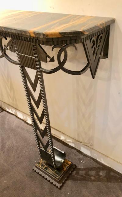 Art Deco Iron and Marble Grand Console Geometric French Style