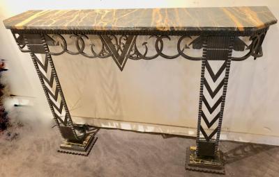 Art Deco Iron and Marble Grand Console Geometric French Style