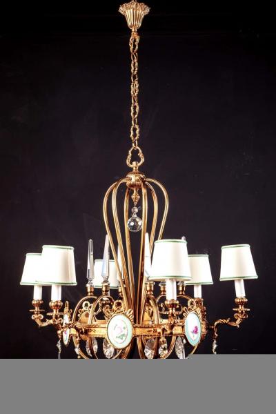 Art Deco Italian Brass Chandelier with Charming Porcelain Insert 1940
