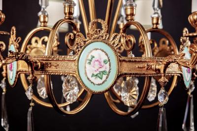 Art Deco Italian Brass Chandelier with Charming Porcelain Insert 1940