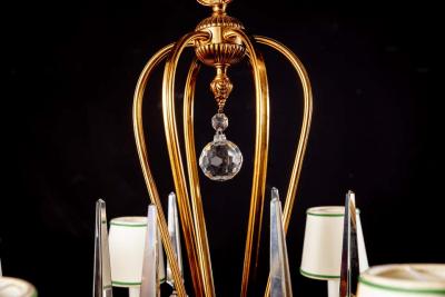 Art Deco Italian Brass Chandelier with Charming Porcelain Insert 1940