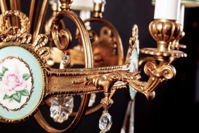 Art Deco Italian Brass Chandelier with Charming Porcelain Insert 1940