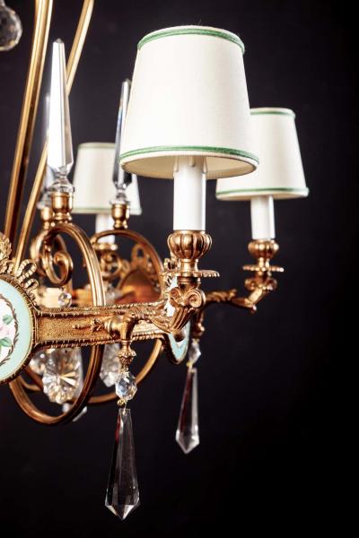 Art Deco Italian Brass Chandelier with Charming Porcelain Insert 1940