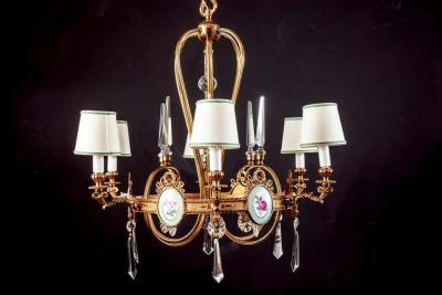 Art Deco Italian Brass Chandelier with Charming Porcelain Insert 1940