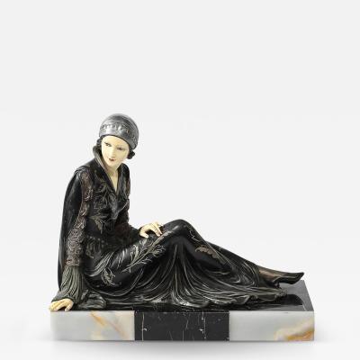 Art Deco Ivorine Bronze Marble Reclining Flapper Sculpture After Chiparus