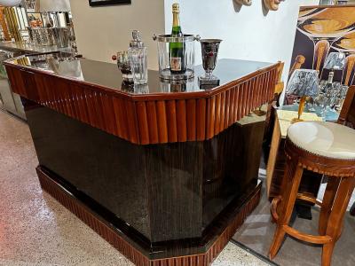 Art Deco L Shaped Stand Behind Macassar Bar and 3 Bar Stools