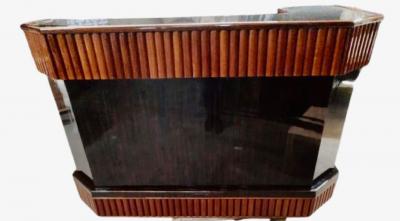 Art Deco L Shaped Stand Behind Macassar Bar and 3 Bar Stools