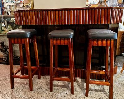 Art Deco L Shaped Stand Behind Macassar Bar and 3 Bar Stools