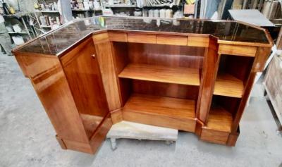 Art Deco L Shaped Stand Behind Macassar Bar and 3 Bar Stools